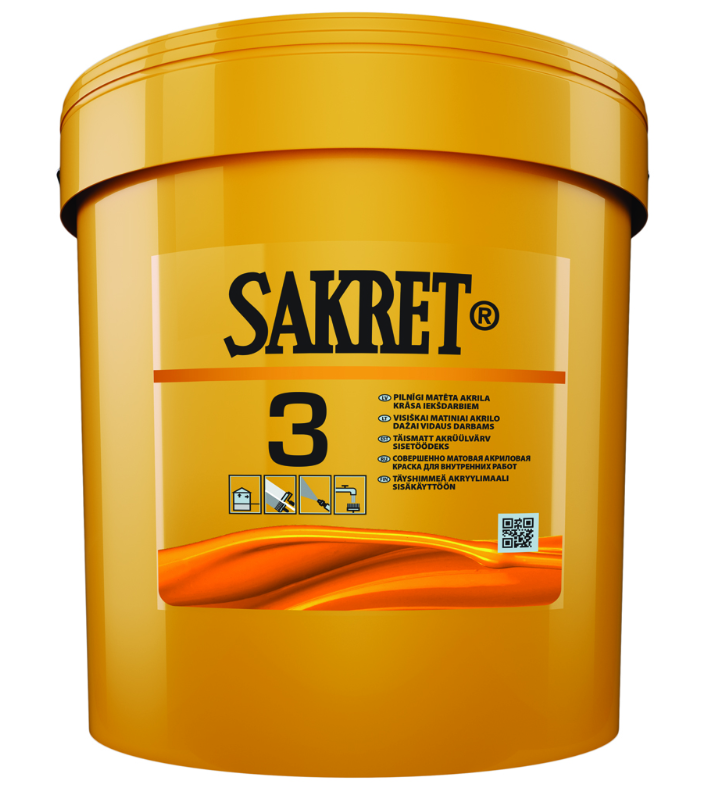 Sakret 3 - 2,7 L. Pilnīgi matēta akrila krāsa iekšdarbiem.